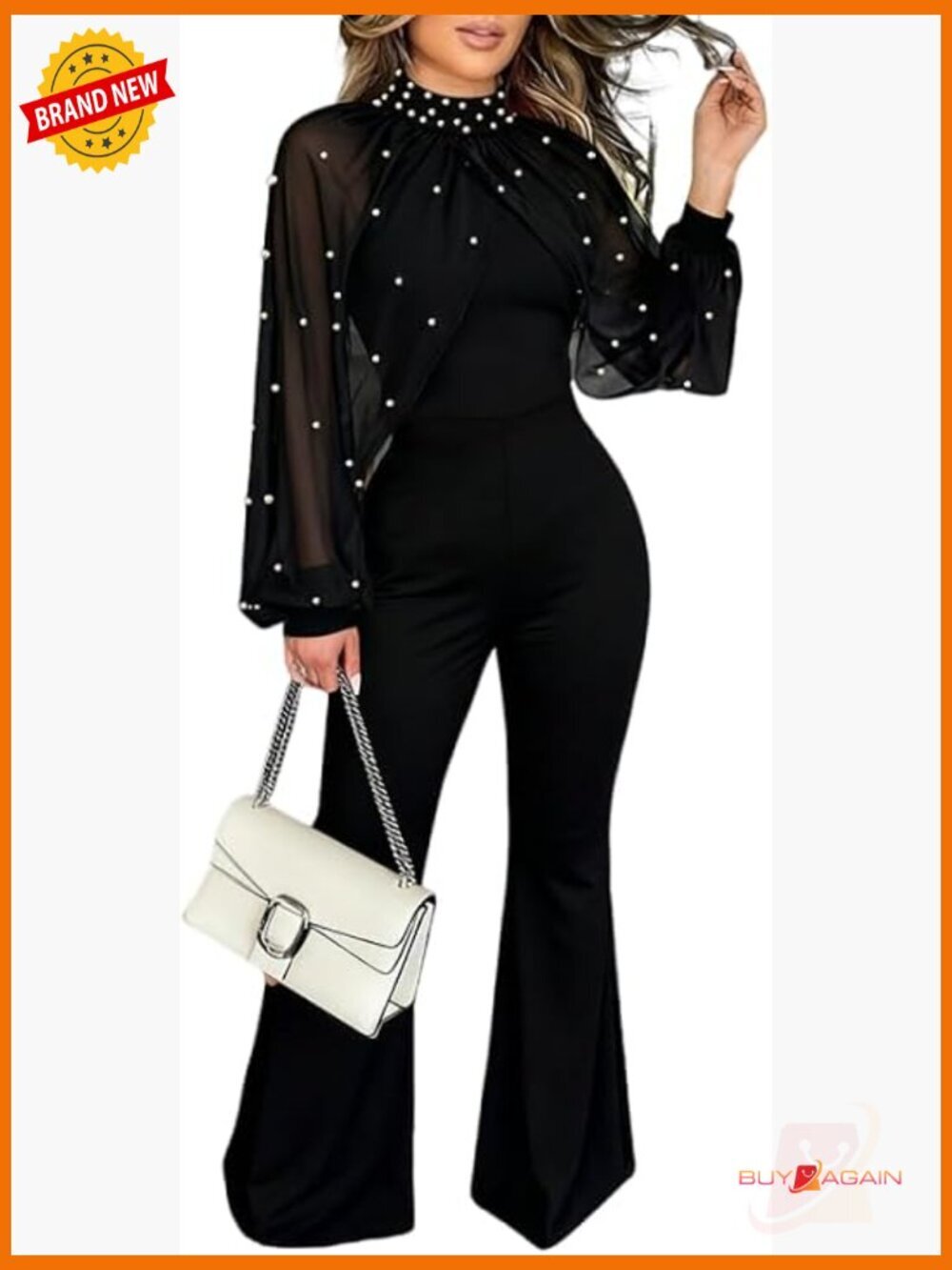 Mock Neck Lantern Sleeve Jumpsuit with Pearls, Flared Leg, Back Zipper